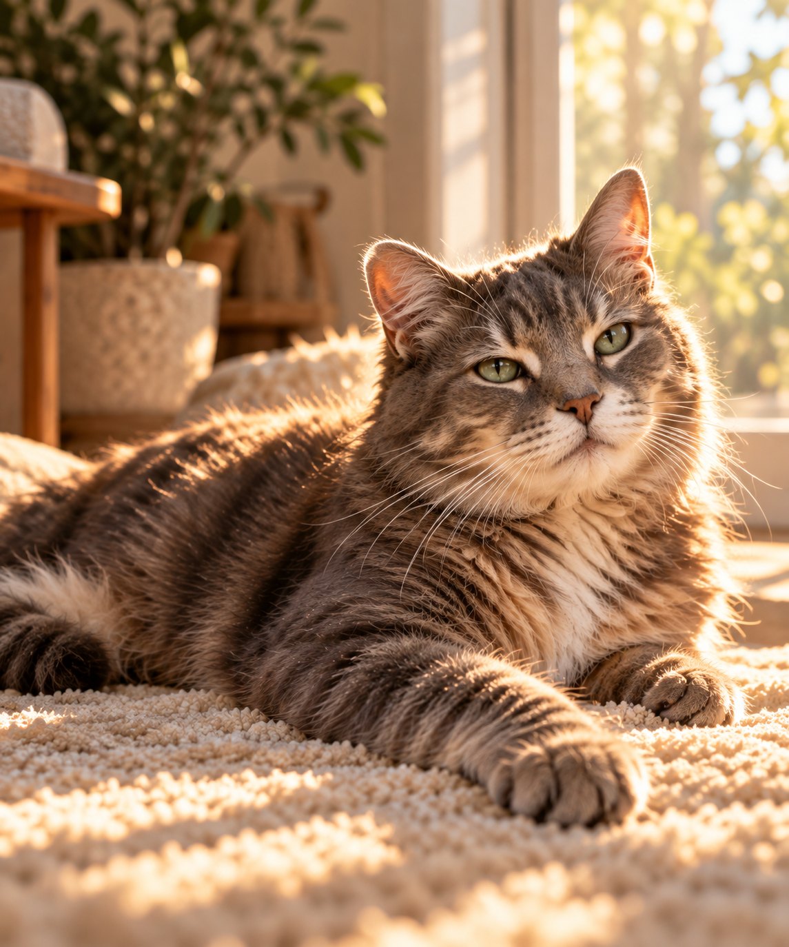 Tabby cat relaxing in a sunbeam