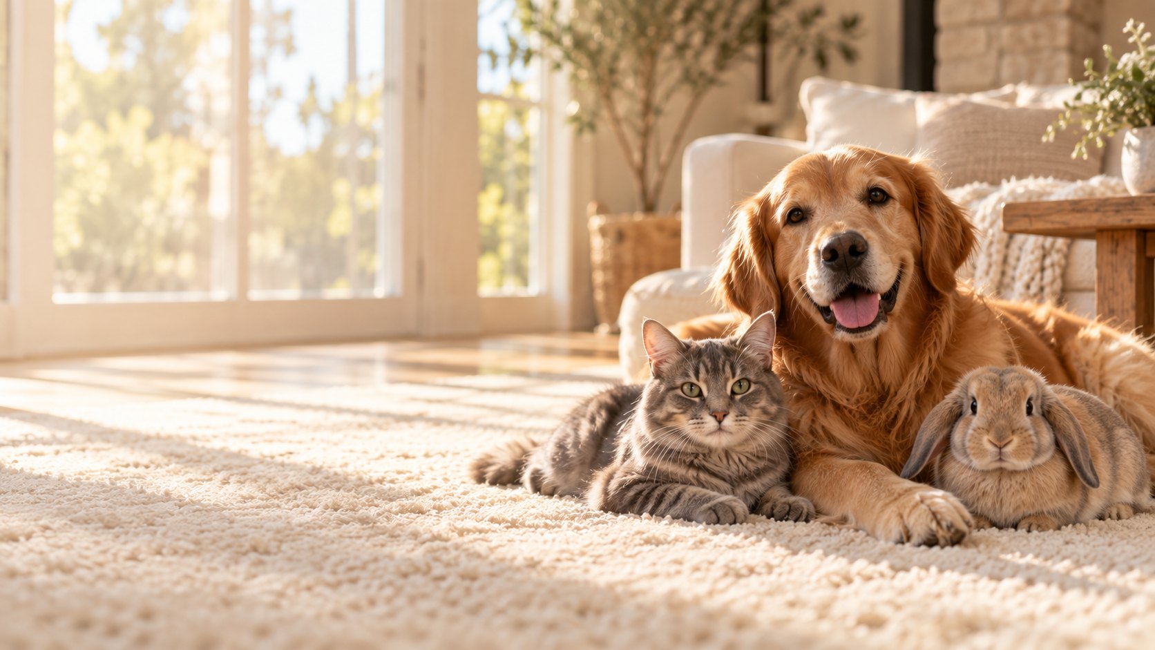 A golden retriever, a tabby cat and a rabbit resting together on a rug in a sunlit living room