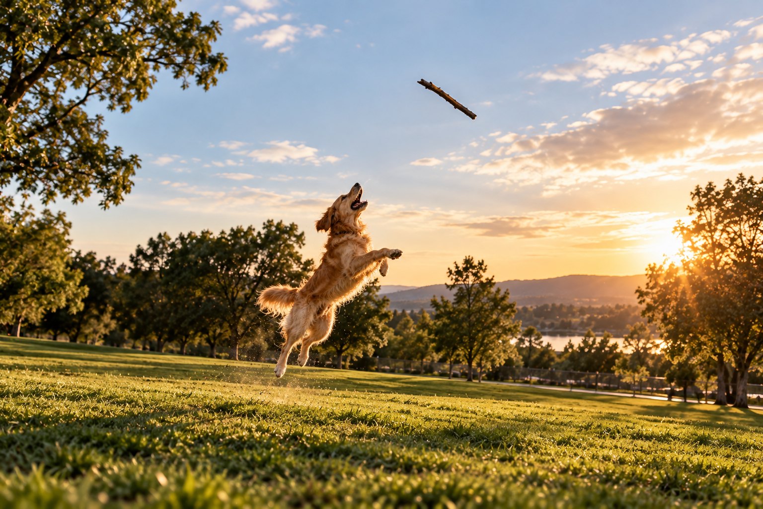 Golden retriever leaping to catch a stick in a park