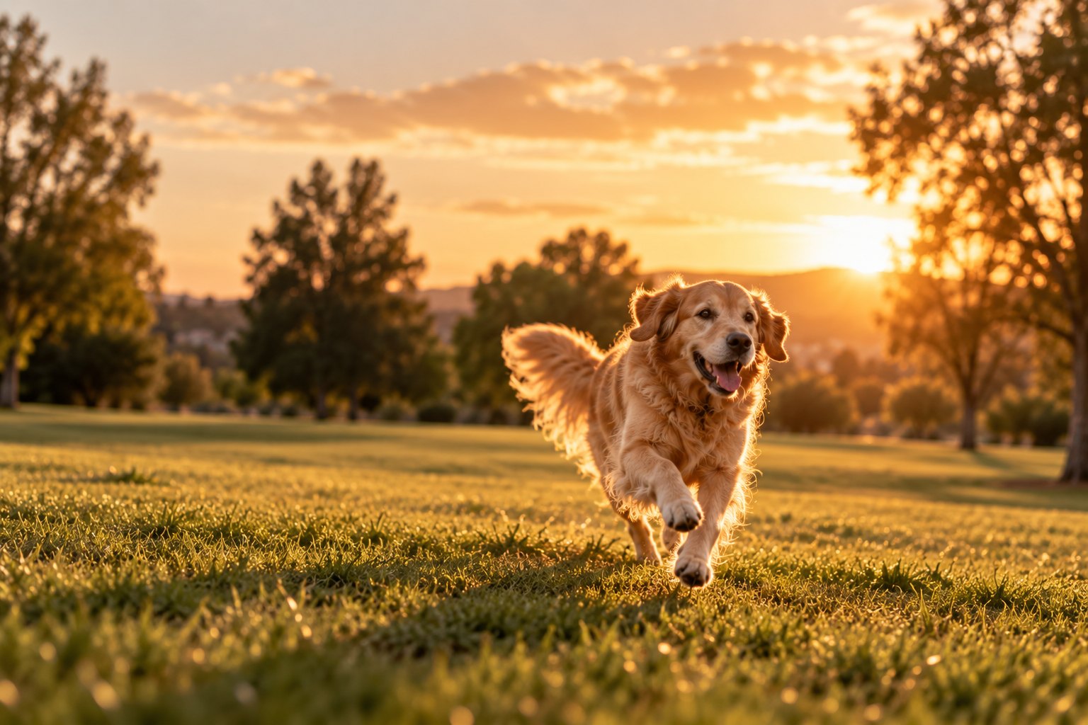 Golden retriever running across grass at sunset