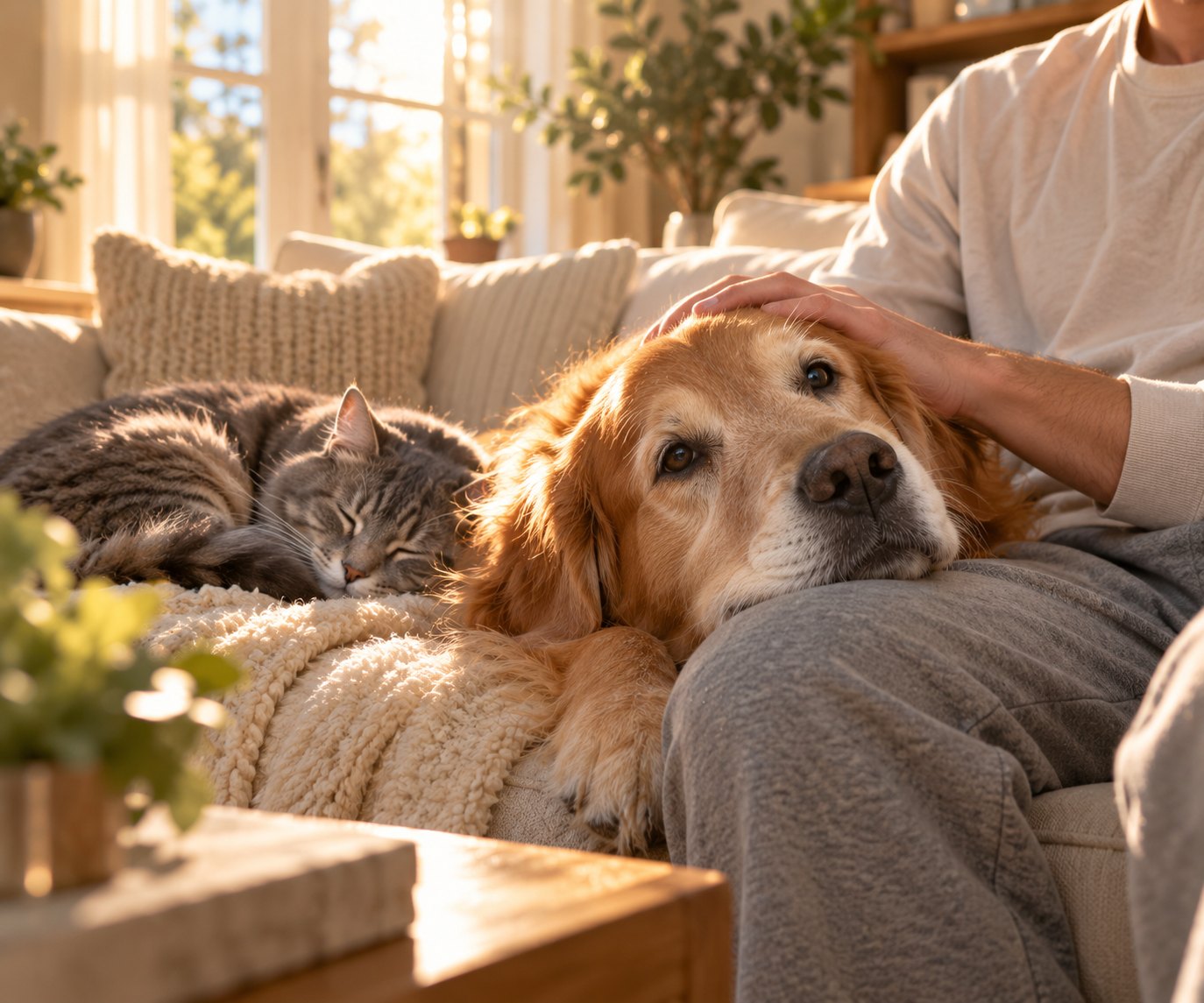 Owner resting a hand on a senior golden retriever beside a sleeping cat