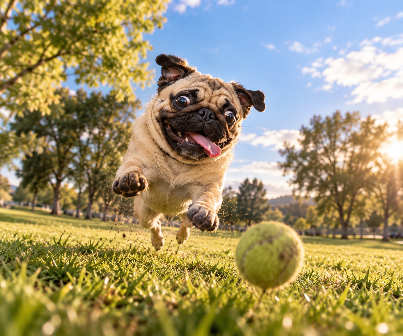Pug chasing a tennis ball across the grass