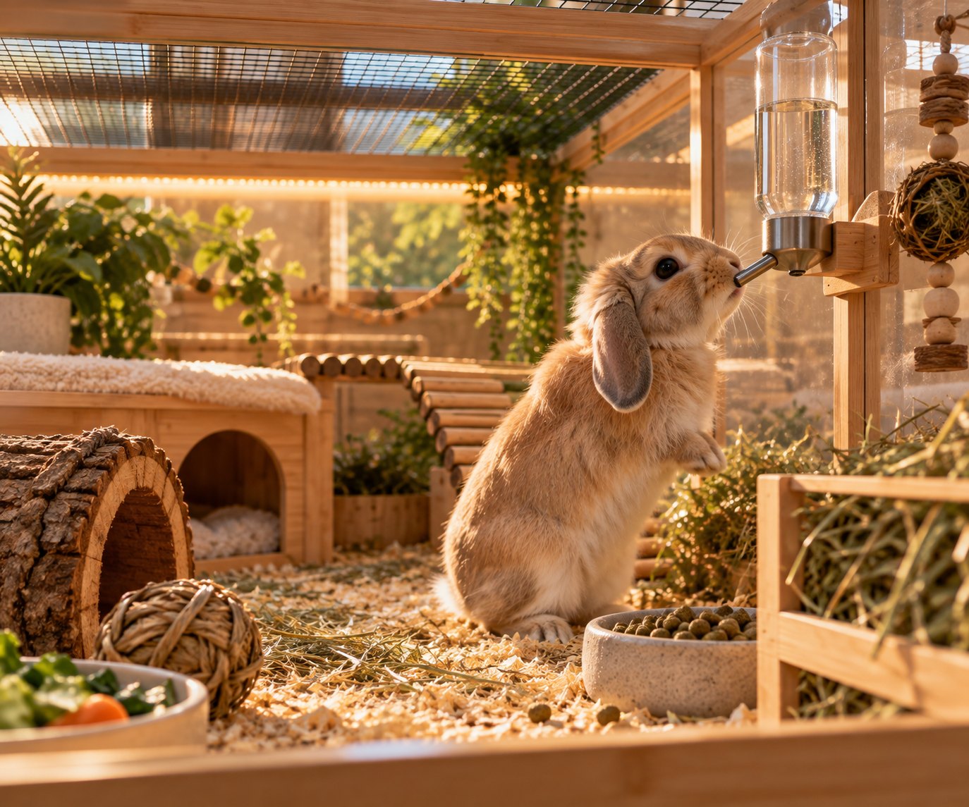 Lop-eared rabbit in a wooden habitat