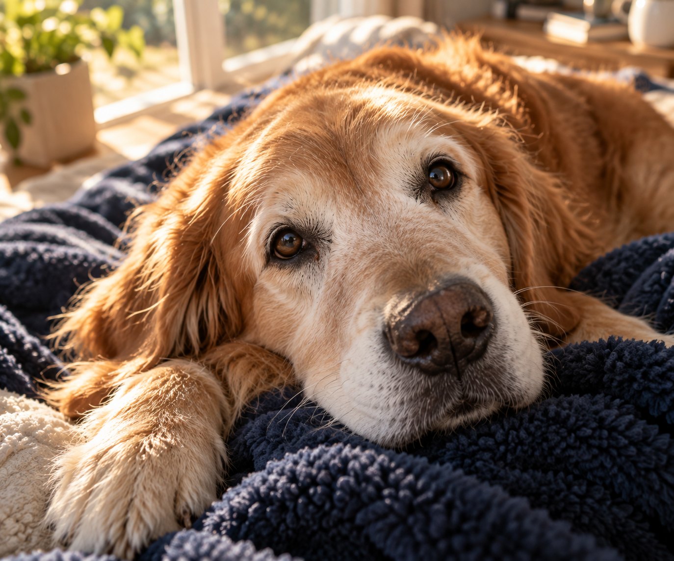 Senior golden retriever with a greying muzzle resting on a navy blanket